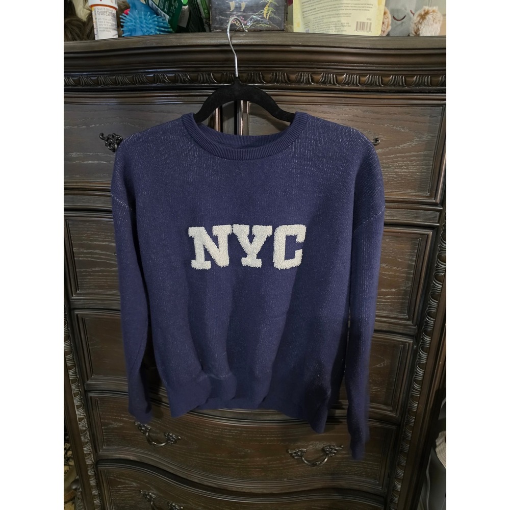 Cynthia Rowley NYC Navy Blue Chenille Patch Crewneck Sweater Medium